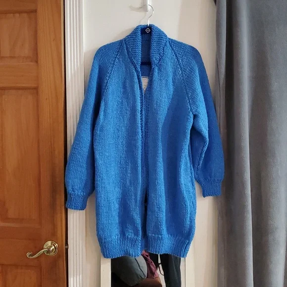 Hand Knit Bulky Cardigan Sweater Eagle Sweater Royal Blue XL - Picture 3 of 12